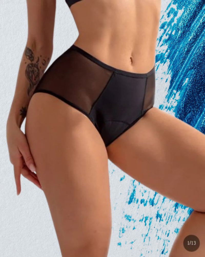 Une femme confiante portant une culotte menstruelle noire, illustrant un produit absorbant, discret et confortable conçu pour le bien-être féminin.